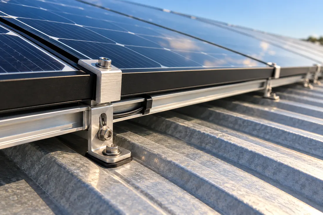 Mounting rail and clamps holding solar panels on a corrugated roof
